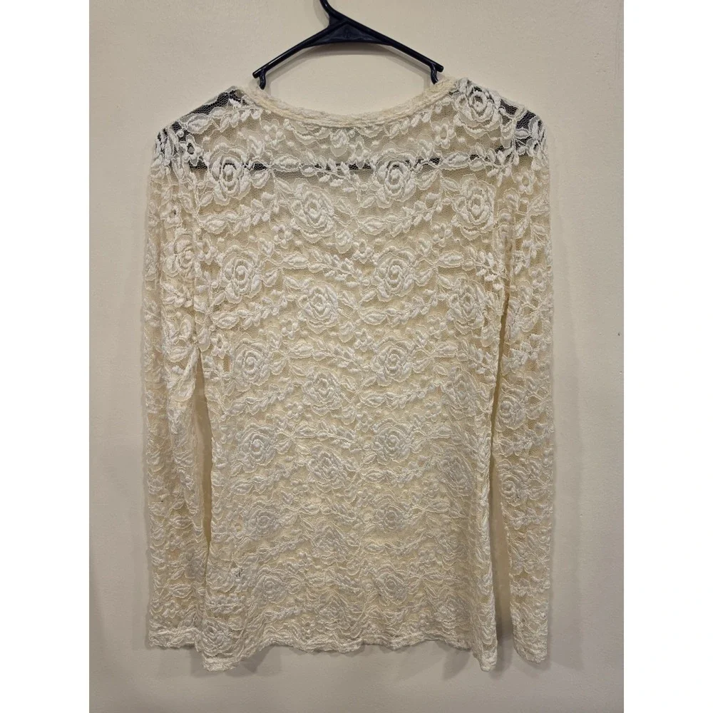 Lace Floral Top Womens‎ Medium Ivory Sheer Stretch Long Sleeve Romantic